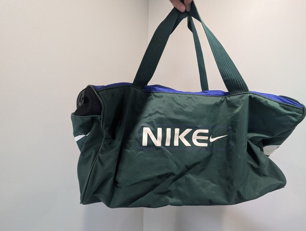 Vintage 90s Nike Gym Duffle Bag Green Blue Nylon Sport Travel Weekender Mesh...